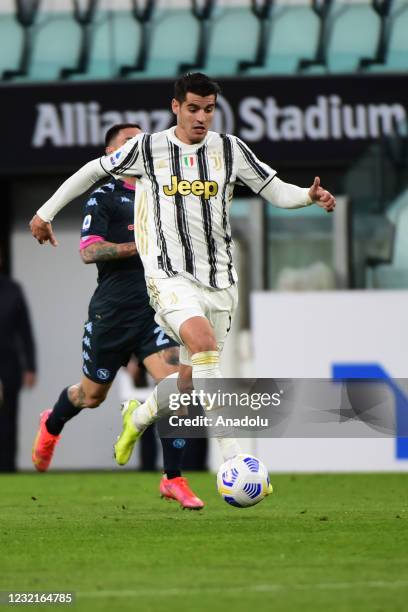 Avaro Morata of Juventus in action during the Serie A match between Juventus vs SSC Napoli at Allianz Stadium on April 7, 2021 in Turin, Italy.