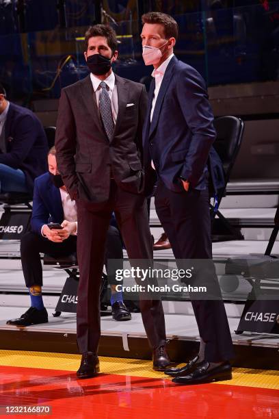 January 25: President of Basketball Operations and General Manager Bob Myers and Assistant General Manager Mike Dunleavy Jr. Look on before the game...