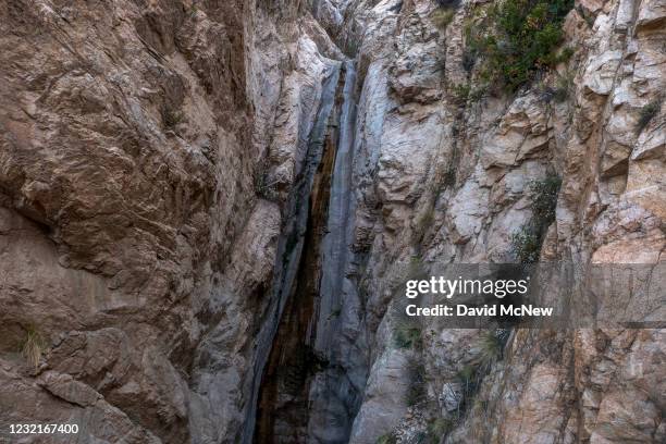 In an aerial view, Thalehaha Waterfall, one of several in Rubio Canyon that have already dried up in the third week of spring as another year of...