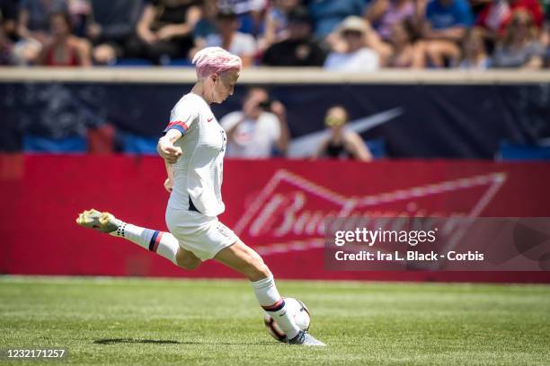 Megan Rapinoe of United States takes the shot on goal with the Budweiser logo behind her during the International Friendly match the U.S. Women's...