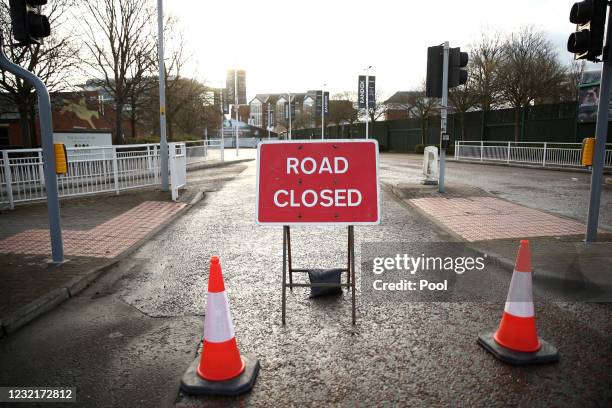 View of a 'Road Closed' sign ahead of the Liverpool NHS Day of the 2021 Randox Health Grand National Festival at Aintree Racecourse on April 8, 2021...