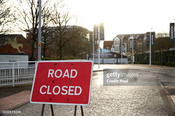 View of a 'Road Closed' sign ahead of the Liverpool NHS Day of the 2021 Randox Health Grand National Festival at Aintree Racecourse on April 8, 2021...