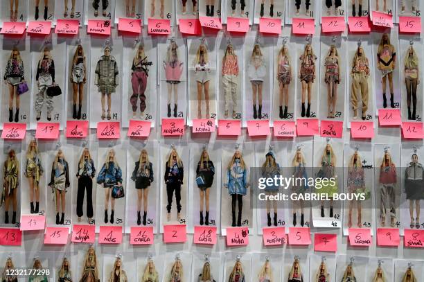 Pictures of models are displayed on a board on backstage prior to the presentation of Spanish designer Andres Sarda's Autumn - Winter 2021 / 2022...