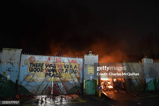 Nationalists and Loyalists riot against one another at the Peace Wall interface gates which divide the two communities on April 7, 2021 in Belfast,...