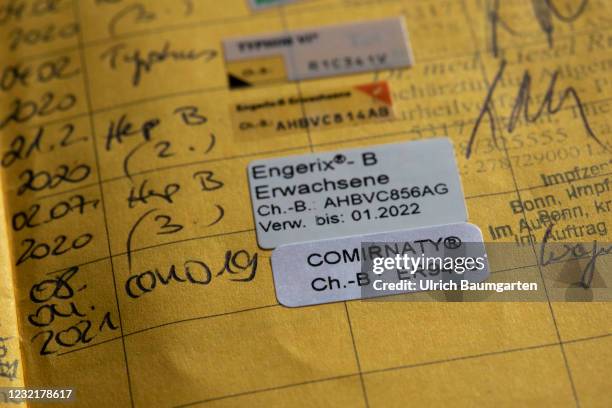 This illustration photo shows a vaccination pass with the entry about a corona vaccination with the BioNTech vaccine, on April 08, 2021 in Bonn,...