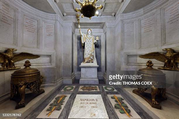 Picture taken on April 7 shows the tomb Napoleon II, aka King of Rome, son of of French Emperor Napoleon I, with a Statue depicting Napoleon...