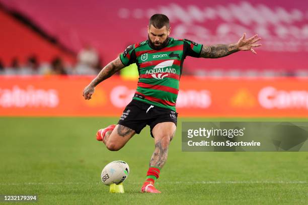 Adam Reynolds of the Rabbitohs attempts a conversion during the round five NRL match between the South Sydney Rabbitohs and Brisbane Broncos at...