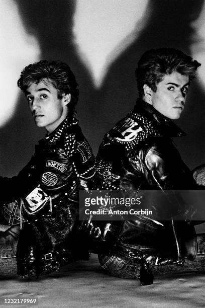 Musician George Michael and Andrew Ridgeley from Wham poses for a portrait in 1983, in London.