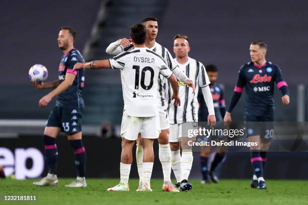 Paulo Dybala of Juventus FC and Cristiano Ronaldo of Juventus FC celebrate after winning during the Serie A match between Juventus and Napoli at...
