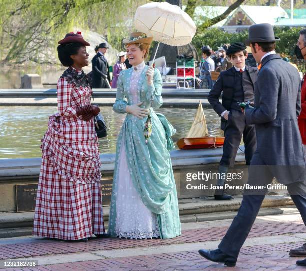 Denee Benton and Louisa Jacobson are seen at the film set of "The Gilded Age" TV series on April 8, 2021 in New York City.