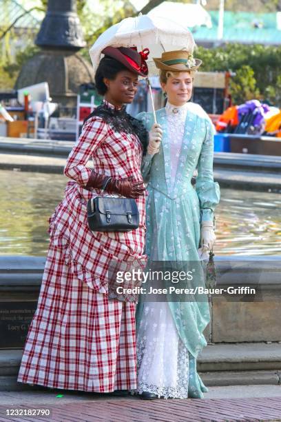 Denee Benton and Louisa Jacobson are seen at the film set of "The Gilded Age" TV series on April 8, 2021 in New York City.