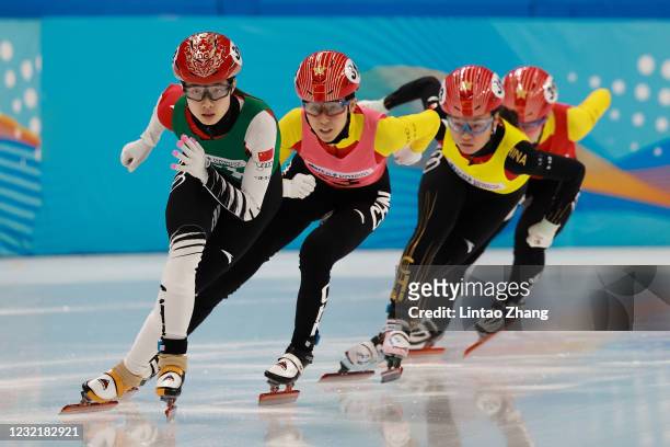 Skaters of Capital Indoor Stadium team compete during the Short Track Speed Skating Women's 500m test event for the Beijing 2022 Winter Olympics at...