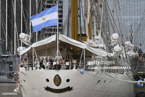 View of frigate Libertad, that serves as a school vessel in the Argentine Navy, moored in Buenos Aires harbour on April 8, 2021 amid the COVID-19...