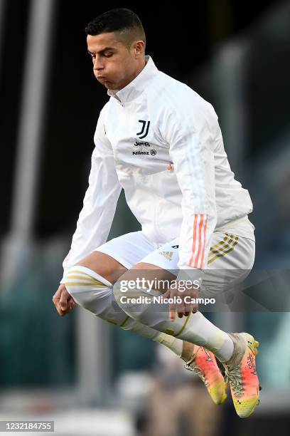 Cristiano Ronaldo of Juventus FC jumps after entering the pitch during the Serie A football match between Juventus FC and SSC Napoli. Juventus FC won...