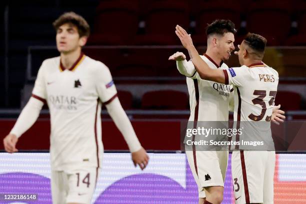 Roger Ibanez of AS Roma celebrates 1-2 with Bruno Peres of AS Roma during the UEFA Europa League match between Ajax v AS Roma at the Johan Cruijff...