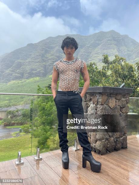Bretman Rock is seen in his red carpet look for the 32nd Annual GLAAD Media Awards on March 16, 2021 in O'ahu, Hawaii. The 32nd Annual GLAAD Media...