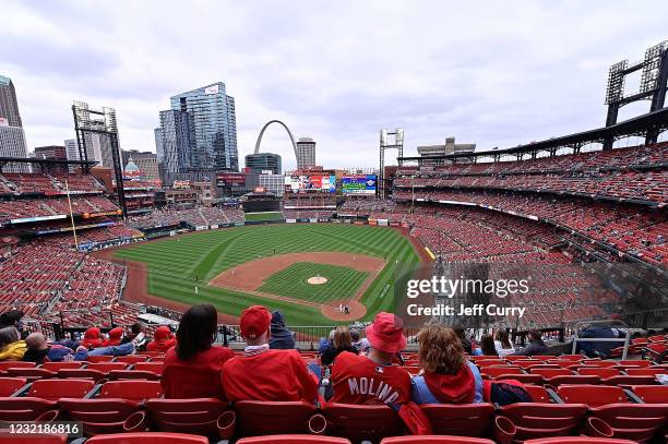 General view of Busch Stadium as fans watch during the third inning of the Cardinals home opener against the Milwaukee Brewers on April 8, 2021 in St...