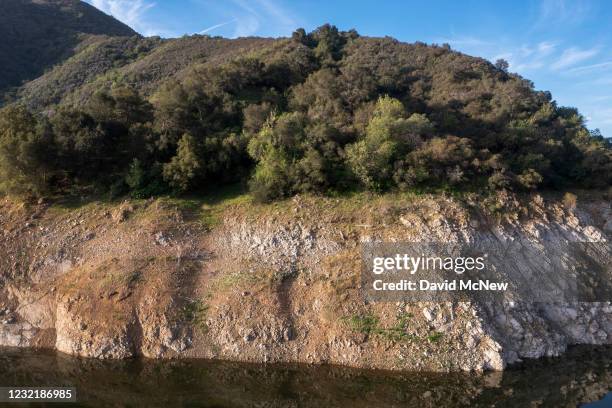 In an aerial view, the San Gabriel Reservoir, which has a low water level, is seen in the third week of spring as another year of drought develops...