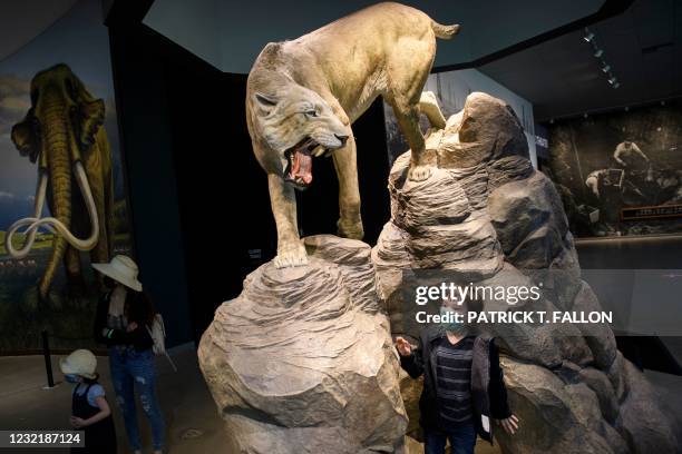 Child wears a face mask as they walk beneath an exhibit on the reopening day of the George C. Page Museum at the La Brea Tar Pits, which was closed...