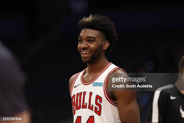 Patrick Williams of the Chicago Bulls smiles prior to a game against the Toronto Raptors on April 8, 2021 at Amalie Arena in Tampa, Florida. NOTE TO...