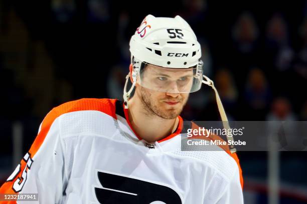 Samuel Morin of the Philadelphia Flyers skates off the ice after being called for a game-misconduct boarding penalty on Casey Cizikas of the New York...