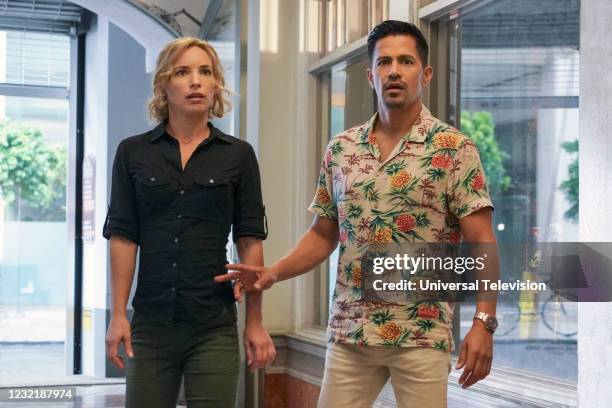 Whispers of Death" Episode 314 -- Pictured: Perdita Weeks as Juliet Higgins, and Jay Hernandez as Thomas Magnum --