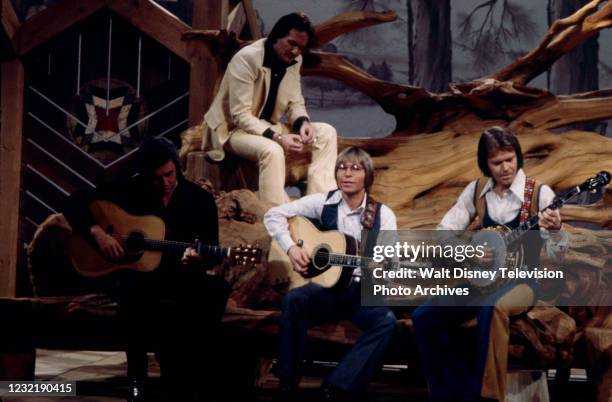 Johnny Cash, Roger Miller, John Denver, Glen Campbell performing on the ABC tv special 'John Denver: Thank God I'm a Country Boy'.