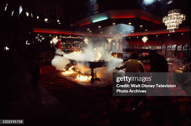 Los Angeles, CA Stunt / fire, behind the scenes, making of the ABC tv movie 'Casino', aka 'SS Casino'.