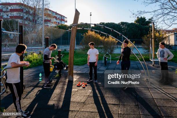 Boys train outdoors in a public park in Molfetta on April 8, 2021. 47% of students have never played sports since the pandemic began, while among the...