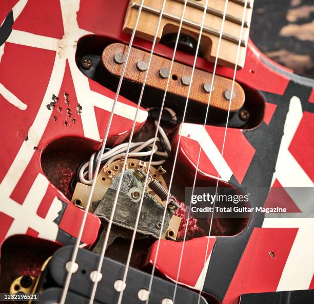 Detail of an EVH Striped Series Frankie electric guitar, taken on May 21, 2020.