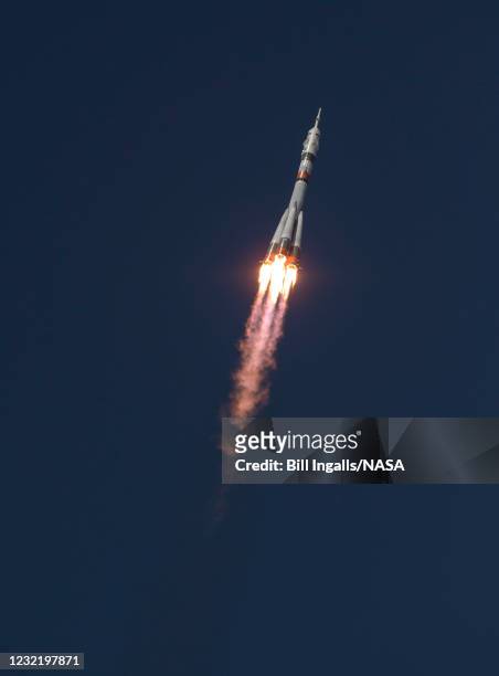 In this handout image provided by NASA, the Soyuz MS-18 rocket is launched with Expedition 65 NASA astronaut Mark Vande Hei, Roscosmos cosmonauts...
