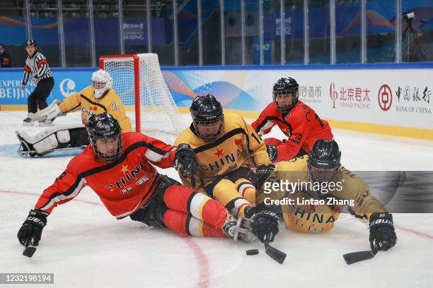 Chinese players compete during the Para Ice Hockey test event for the Beijing 2022 Winter Olympics at National Indoor Stadium on April 9, 2021 in...