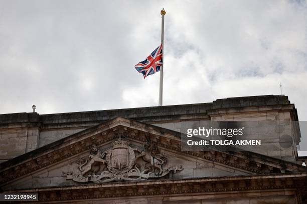 The Union Flag flies at half-mast atop Buckingham Palace in central London on April 9, 2021 after the announcement of the death of Britain's Prince...