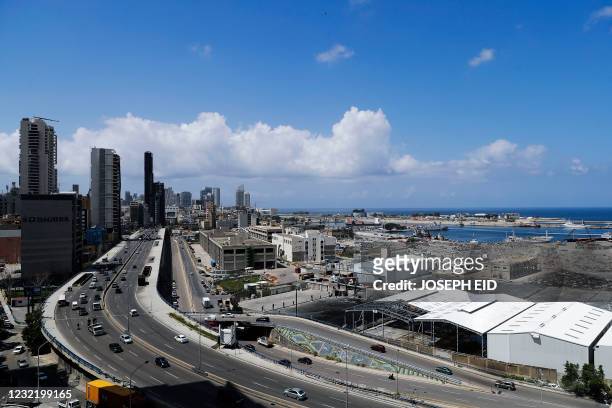 Picture shows a view of the damaged port of the Lebanese capital Beirut, on April 9 still reeling from the destruction due to a catastrophic blast in...
