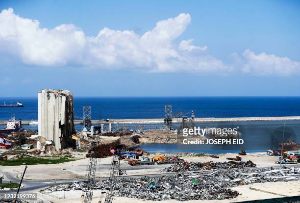 Picture shows a view of the damaged grain silos at the port of the Lebanese capital Beirut, on April 9 still reeling from the destruction due to a...