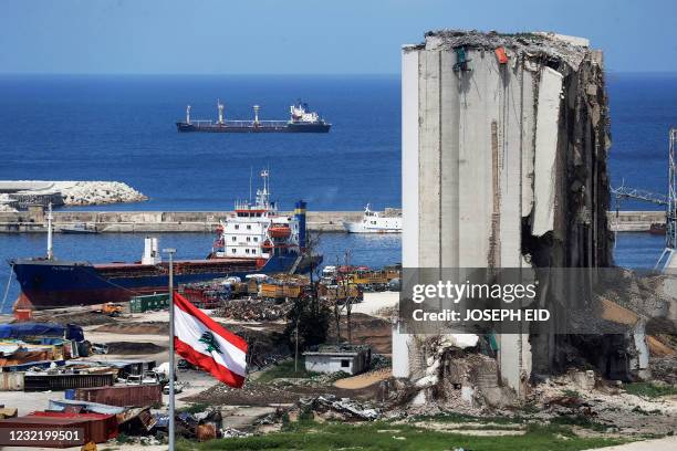 Picture shows a view of the damaged grain silos at the port of the Lebanese capital Beirut, on April 9 still reeling from the destruction due to a...