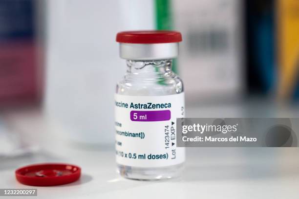 Vial of AstraZeneca vaccine against coronavirus during the first day of a mass vaccination for the population between 60 and 65 years in the Wizink...