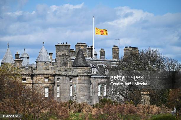 The Royal Standard of Scotland flag, flies at half mast to mark the death of the Duke Of Edinburgh at the Palace of Holyroodhouse on April 09, 2021...