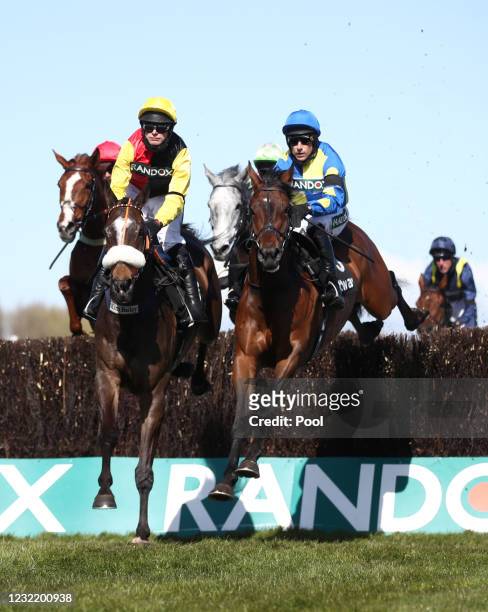 Runners and riders in the Betway Mildmay Novices' Chase during Ladies Day of the 2021 Randox Health Grand National Festival at Aintree Racecourse on...