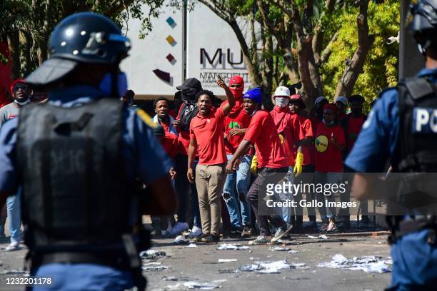 Students protest for increased government funding for tertiary education at Mangosuthu University of Technology on April 08, 2021 in Durban, South...