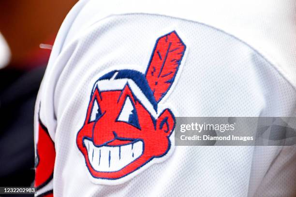 The Chief Wahoo logo on the sleeve of a Cleveland Indians jersey in the first inning of a game against the Baltimore Orioles at Progressive Field on...