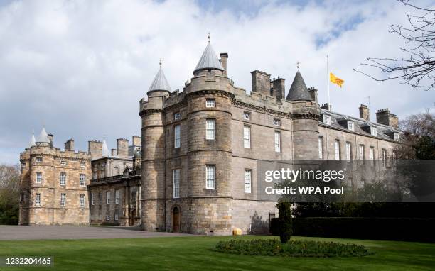 Flag flies at half mast over the Palace of Holyroodhouse after the announcement of the death of the Duke of Edinburgh on April 09, 2021 in Edinburgh,...