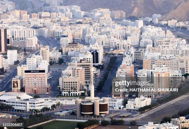 An aerial view shows the Central Business District in the Omani capital Muscat on April 9, 2021.