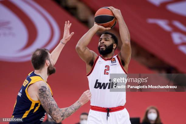 Aaron Harrison, #2 of Olympiacos Piraeus in action during the 2020/2021 Turkish Airlines EuroLeague Regular Season Round 34 match between Olympiacos...