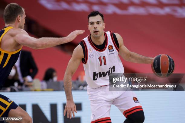 Kostas Sloukas, #11 of Olympiacos Piraeusin action during the 2020/2021 Turkish Airlines EuroLeague Regular Season Round 34 match between Olympiacos...