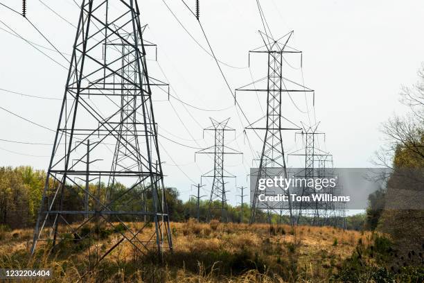 Electric power lines are pictured on Aquasco Farm Road in Prince George's County, Md., on Thursday, April 8, 2021.