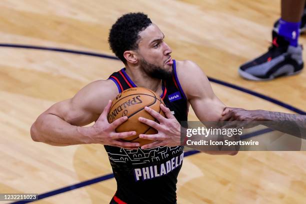 Philadelphia 76ers guard Ben Simmons dribbles against New Orleans Pelicans in the first half during a NBA game between the New Orleans Pelicans and...