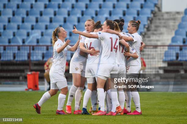 Russia players celebrates their goal during UEFA Women's Euro 2022 Play-Off qualifying match between Portugal and Russia at Estadio do Restelo, in...
