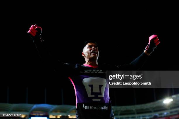 Alfredo Talavera goalkeeper of Pumas UNAM celebrates his team's first goal during the 14th round match between Necaxa and Pumas UNAM as part of the...