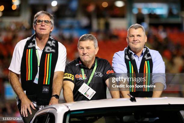 Royce Simmons and other Panthers 1991 premiership winning side players acknowledges the fans during the round five NRL match between the Penrith...